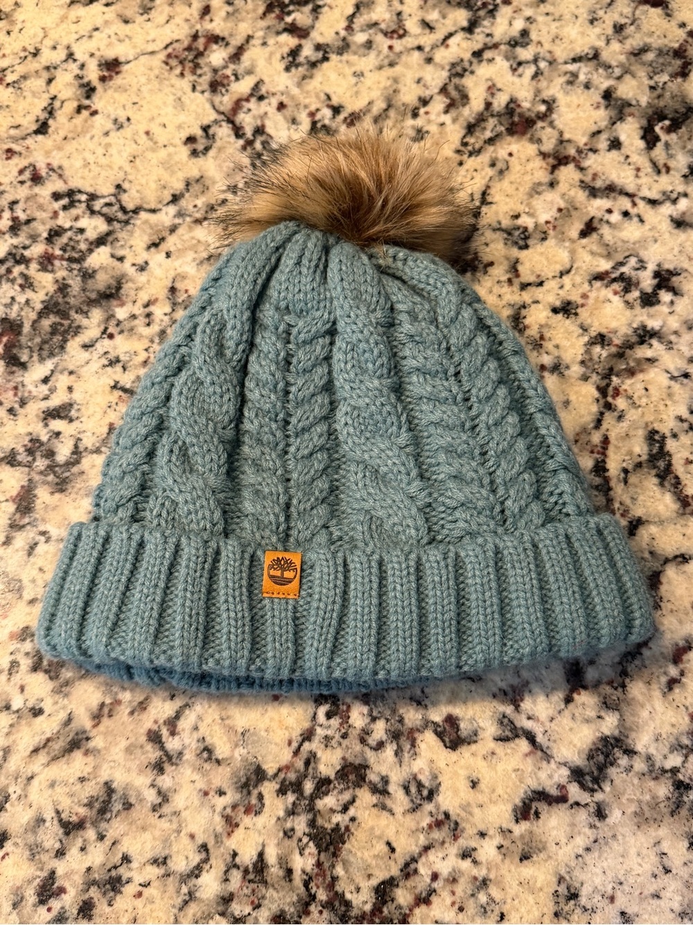 Timberland Turquoise Knit Pom Beanie with Faux Fur Pom - Picture 1 of 3